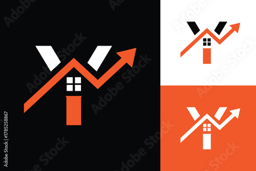 this is a flat logo design of an initial letter Y in combination with a house and a graphic arrow heading up that looks clean in orange and black color
