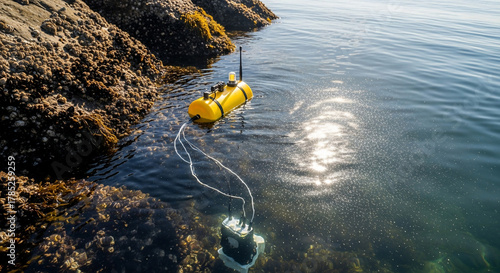 Yellow underwater robot tethered to sensor in ocean near rocky shoreline