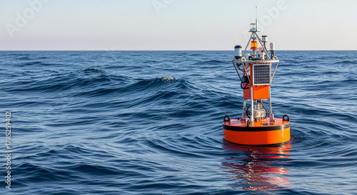Fototapeta Naklejka Na Ścianę i Meble -  Orange buoy floating on ocean surface with scientific equipment and sensors
