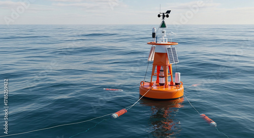 Orange buoy floating in the ocean on a sunny day with clear blue sky