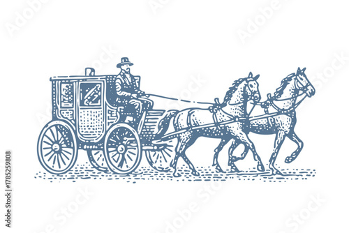 Horse-drawn carriage illustration with driver and two horses. Vintage woodcut linocut engraving style vector illustration.