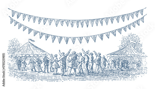 Lively outdoor gathering with tents and banners. Vintage woodcut linocut engraving style vector illustration.