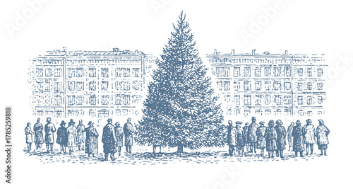 Christmas tree in a town square with people. Vintage woodcut linocut engraving style vector illustration.