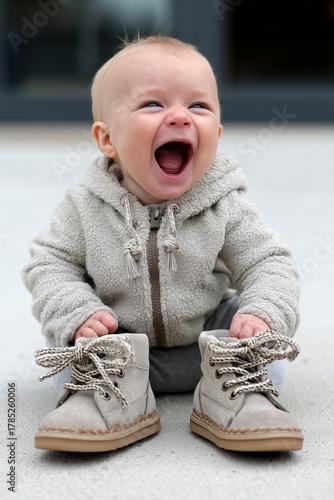 Laughing baby in a cozy hoodie sitting on the ground with oversized beige boots placed in front, against a soft urban background. Concept: innocence, humor, childhood curiosity