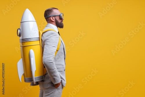 Businessman in suit wearing aviator goggles and rocket-shaped backpack stands against bright yellow background, symbolizing innovation, startup ambition, and launch of new ideas