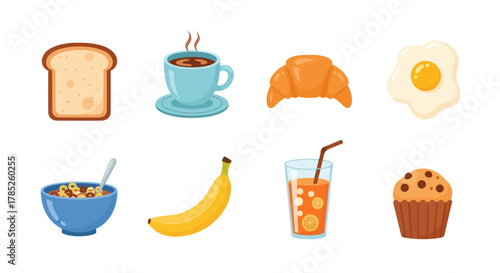 Breakfast food items bread coffee croissant egg cereal banana juice muffin