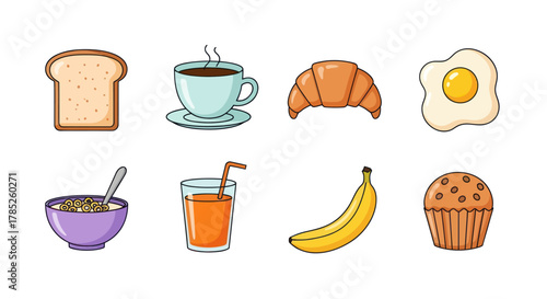 Breakfast food collection bread coffee croissant egg cereal juice banana muffin