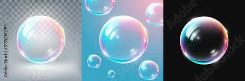 Realistic soap bubble isolated mockup on transparent, gradient, and dark backgrounds for design, product visualization, vector illustration