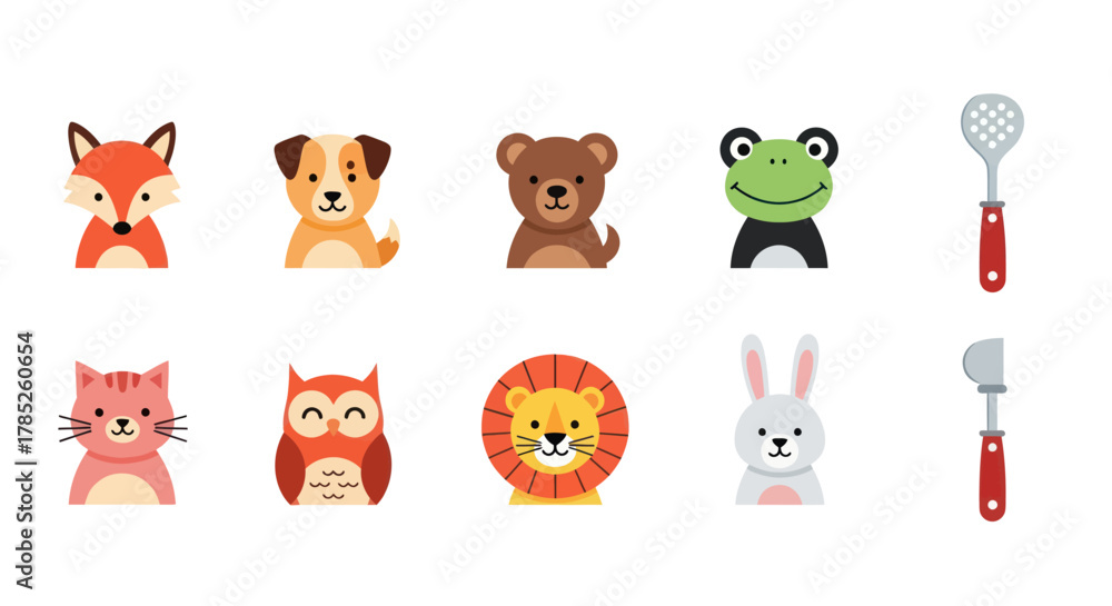 Fototapeta premium Cartoon animal faces and kitchen tools in a row illustration design