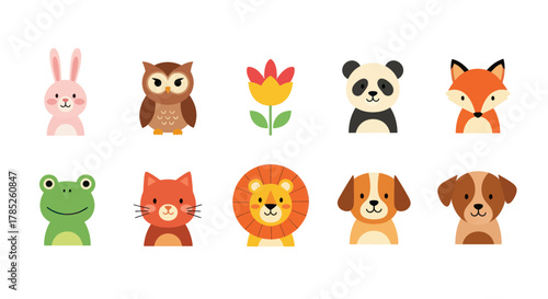 Cartoon animals and flower collection illustration for design and decoration