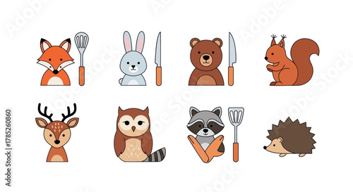 Cartoon animals and kitchen utensils in a decorative and flat design