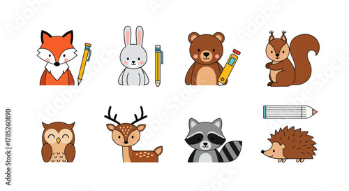 Cartoon animals and pencils vector illustrations for design projects
