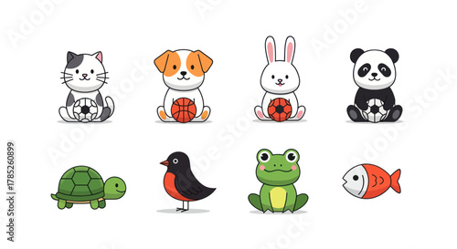 Cartoon animals collection cat dog rabbit panda turtle bird frog fish