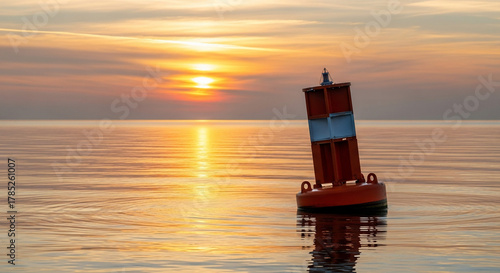 Navigation buoy in the sea during sunset with a colorful sky in background