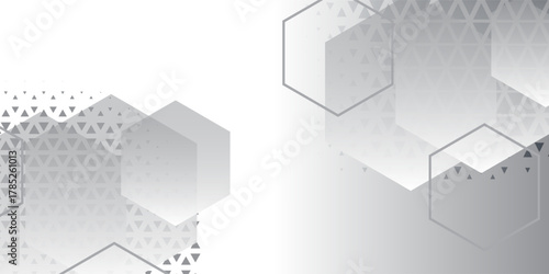 graphic abstract modern design with a combination of transparent hexagon shapes and geometric triangle patterns in gradient gray tones