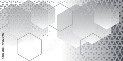 Futuristic abstract simple design with a combination of transparent hexagon shapes and geometric triangle patterns in gradient gray tones