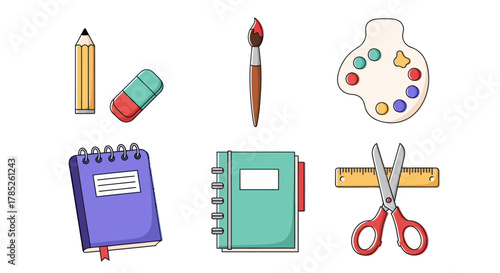 Art supplies illustration pencil eraser brush palette notebook scissors
