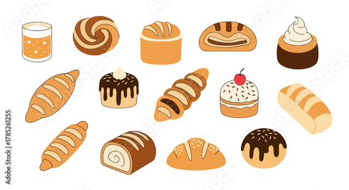 Assorted baked goods illustration bread pastries and cakes on white