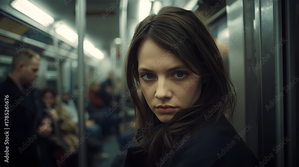 Obraz premium Moody candid portrait of a young woman riding a dimly lit subway train, capturing quiet introspection, urban atmosphere, and the contemplative emotion found within everyday public transportation envir