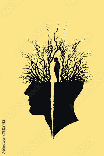 Conceptual illustration of a man standing inside a cracked human head with tangled roots, symbolizing trauma, inner conflict, mental struggle, and psychological growth.