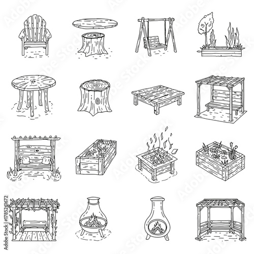 Garden furniture set illustrations sketches of outdoor seating tables fire pits  planters for relaxation perfect for landscaping  design projects.