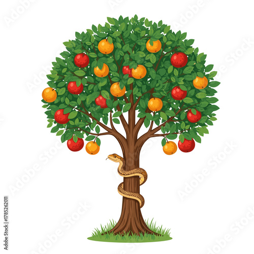 Tree with fruit and snake concept illustration for moral story design, religious publication, or temptation metaphor