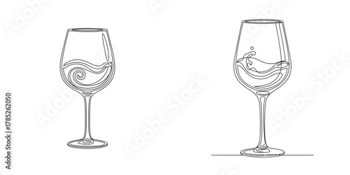 Wine glass swirl line art illustration set for elegant restaurant menu design, wine tasting banner, or beverage label concept