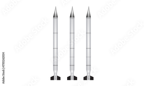3D industrial cruise ballistic missile set. Realistic strategic weapons art. War technology. Aircraft military bomb. Vector