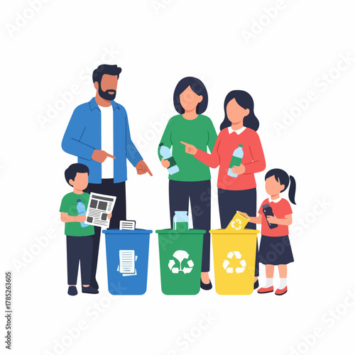 Parents teaching children how to sort waste for recycling into different colored bins.
