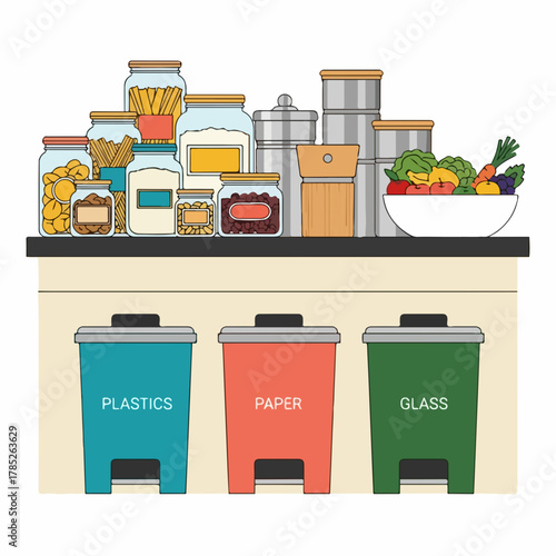 Organized kitchen pantry with separate recycling bins for plastic paper and glass.