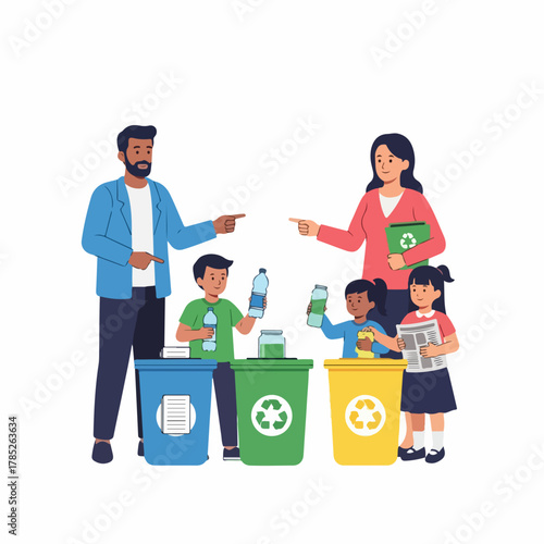 Parents teaching their children how to sort waste for recycling into different colored bins.