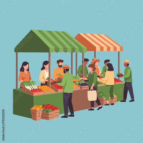 Vibrant outdoor farmers market with people buying fresh local produce from stalls.