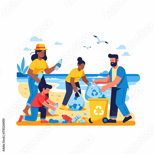 Diverse family of volunteers cleaning up plastic waste on a beach.