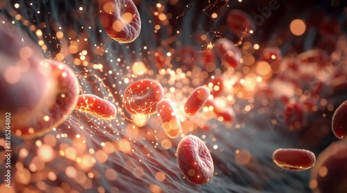 Dramatic medical 3D visualization of white blood cells attacking bacteria in the bloodstream, with glowing energy particles highlighting immune response, cellular defense, and infection control.
