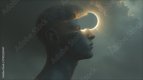 conceptual portrait, brain divided into sunlit and moonlit sides, symbolic eclipse of consciousness, ethereal atmosphere, soft surreal lighting, v7 hyper-realistic 