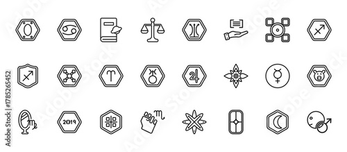 24 set of outline web zodiac icons such as cancer, tartar, gods guidance, mercury, strength vector thin icons for report, presentation, diagram, web design, mobile app