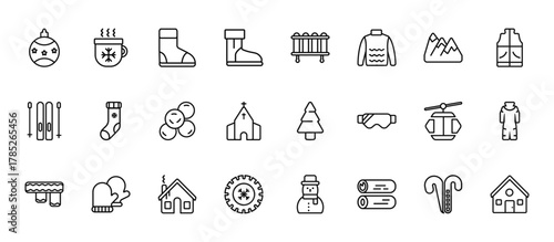 24 set of outline web winter icons such as hot drink, heater, christmas sock, cable car cabin, winter tire vector thin icons for report, presentation, diagram, web design, mobile app