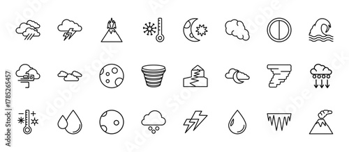 24 set of outline web weather icons such as light bolt, starry night, clouds, hurricane, hailstorm vector thin icons for report, presentation, diagram, web design, mobile app