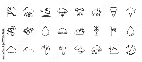 24 set of outline web weather icons such as drizzle, thunderbolt, isobars, windsock, hot vector thin icons for report, presentation, diagram, web design, mobile app