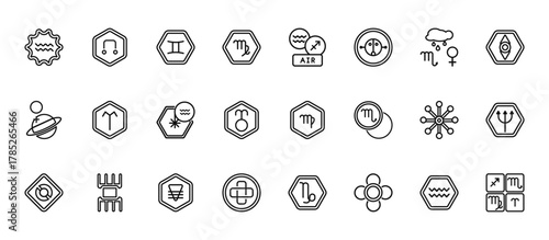 24 set of outline web zodiac icons such as coagulation, air, hope, gods shield, hypocrisy vector thin icons for report, presentation, diagram, web design, mobile app