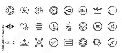 24 set of outline web user interface icons such as film strip with a triangle inside, ink level, smiling smile, corners, newspaper folded vector thin icons for report, presentation, diagram, web