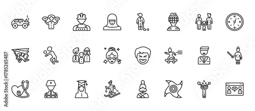 24 set of outline web user icons such as feasibility, golfer, volleyball player, groom avatar, skier vector thin icons for report, presentation, diagram, web design, mobile app