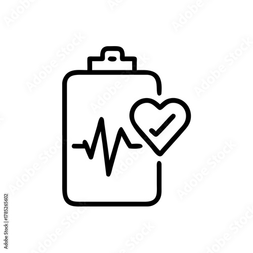 A heart icon with a checkmark on a medical record, illustrating health, wellness, and medical report 