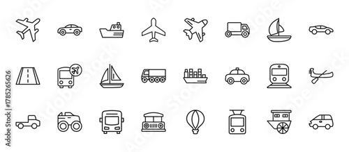 24 set of outline web transportation icons such as automobile, jumbo jet, airport shuttle, subway, school bus vector thin icons for report, presentation, diagram, web design, mobile app