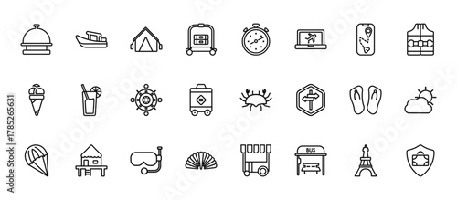 24 set of outline web travel icons such as water craft, stopclock, lemonade, flip flop, shell vector thin icons for report, presentation, diagram, web design, mobile app