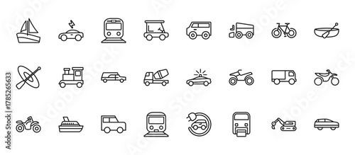 24 set of outline web transportation icons such as electric car, minivan, train, truck,   vector thin icons for report, presentation, diagram, web design, mobile app