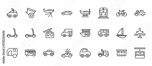 24 set of outline web transportation icons such as oxcart, hydroplane, scooter, schooner, police car vector thin icons for report, presentation, diagram, web design, mobile app