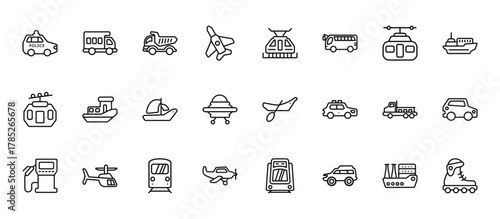 24 set of outline web transport aytan icons such as camper car, funicular railway, houseboat, flatbed lorry, crop duster vector thin icons for report, presentation, diagram, web design, mobile app
