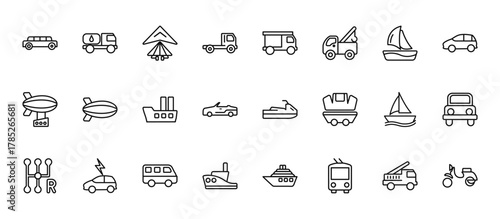 24 set of outline web transportation icons such as tanker, haul, zeppelin, sailboat, tugboat vector thin icons for report, presentation, diagram, web design, mobile app