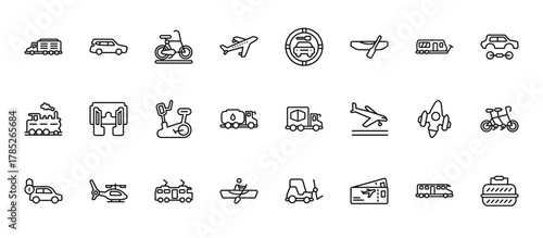 24 set of outline web transport icons such as station wagon, car and key, fuse, space craft, canoe & athlete vector thin icons for report, presentation, diagram, web design, mobile app